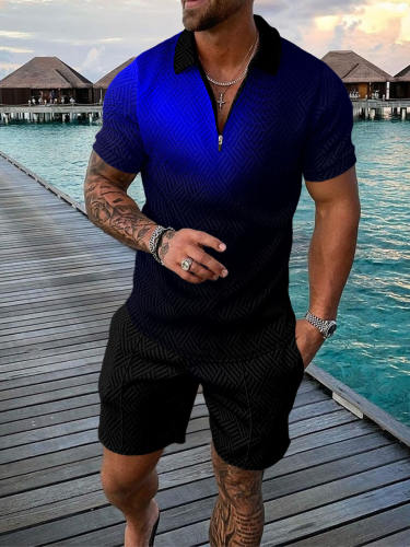 Men's Gradient Printing Vacation Leisure Polo Suit