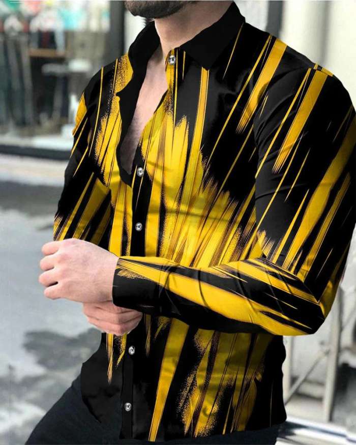 Men's Gold Stripe Print Long Sleeve Lapel Shirt