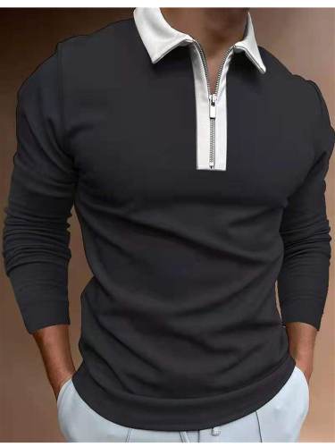 Men's Zipper Color Block Long Sleeve POLO Shirt