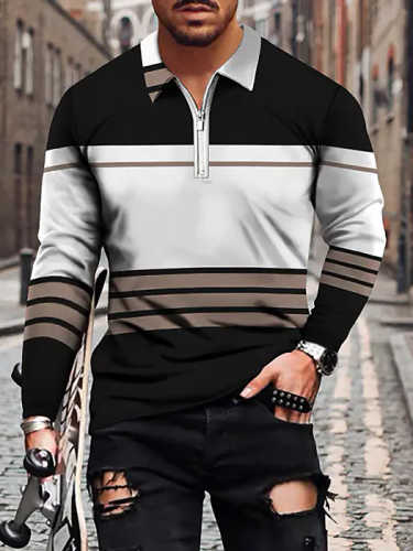 Men's Striped Geometric Collar Casual Everyday Zip Print Long Sleeve T-Shirt