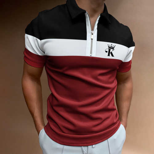 Men's Casual King Print Color Matching Short Sleeve Zipper Polo Shirt