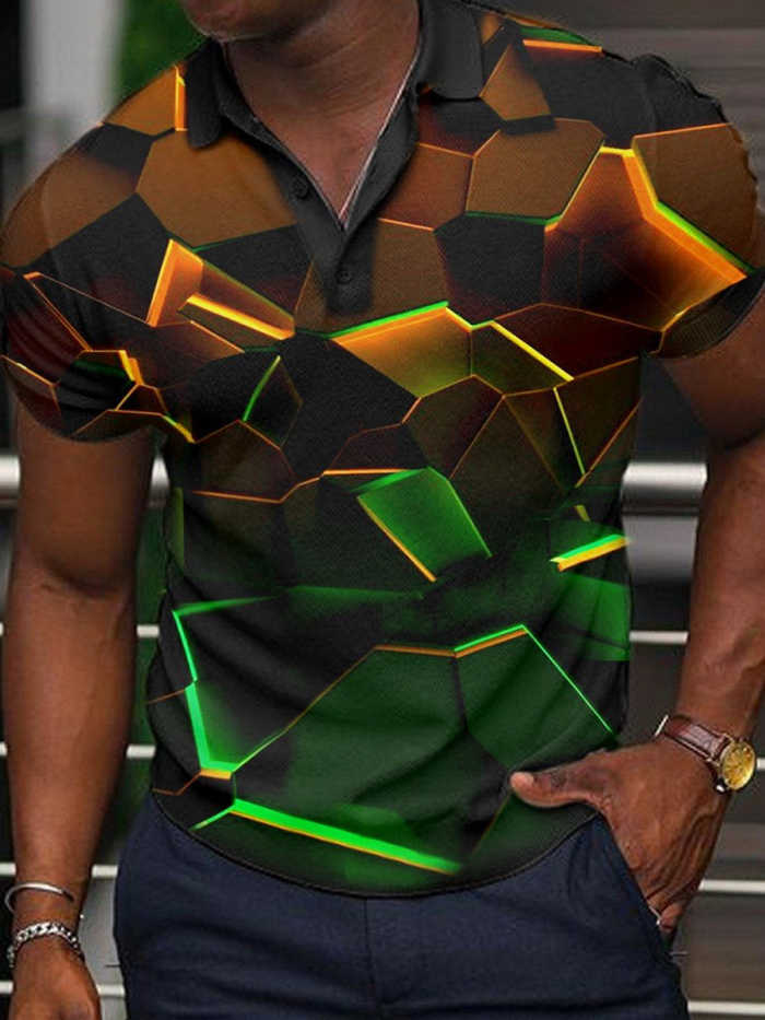 Men's Fashion Color Block Print Short Sleeve Polo Shirt