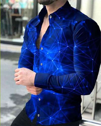 Men's Casual Geometric Printed Black Long Sleeve Lapel Shirt