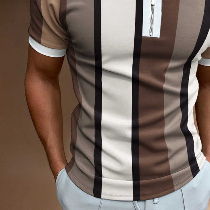Men's Casual Stripe Print Short Sleeve Zipper Polo Shirt