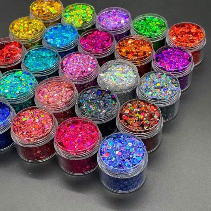 24 Colors Holographic Chunky Glitter 24 Colors Total 120 g Laser Nail Glitter Flakes Chunky Holographic Laser Nail Glitter
