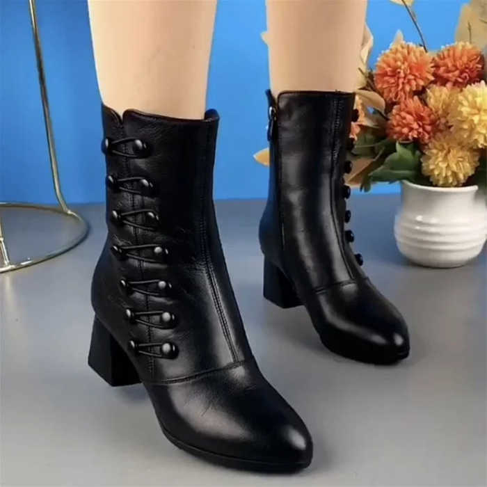 Women Warm Side Butto Leather Ankle Boots