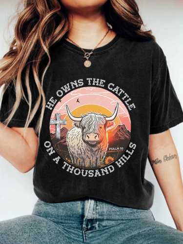 Retro Psalm 50:10 He Owns The Cattle On A Thousand Hills Print T-Shirt