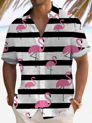 Pink Flamingo Print Collar Short Sleeve Shirt
