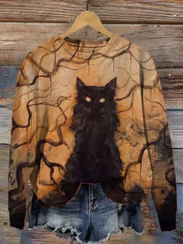Fashion Casual Loose Art Cat Halloween Print Sweatshirt