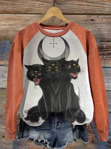 Fashion Casual Loose Art Cat Halloween Print Sweatshirt