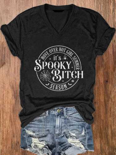 Women's Halloween Move Over Hot Girl Summer It's Spooky Bitch Season Print V-Neck T-Shirt