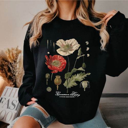 Oversized Plant Poppy Printed Women's Sweatshirt
