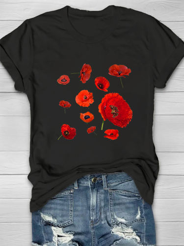 Summer Casual Loose Round Neck Flower Print Women's T-shirt