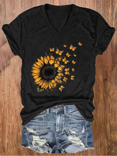 Sunflower Butterflies Print Women's V-neck T-shirt