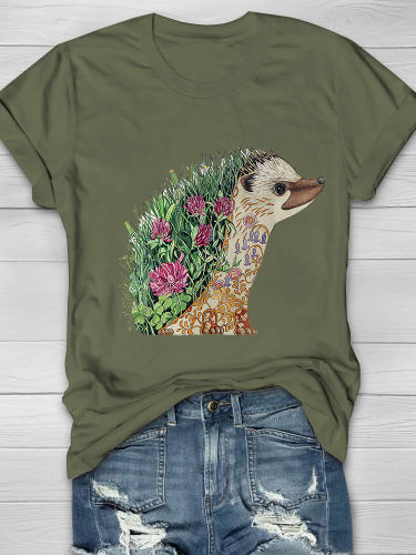 Hedgehog And Flower Printed Women's T-shirt