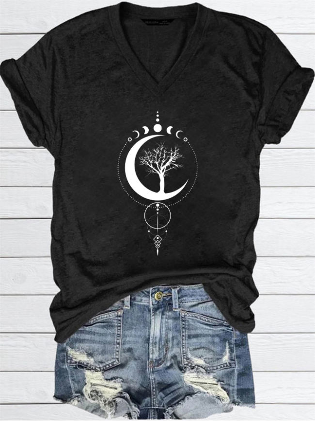 Moon And Tree Printed Women's V-neck T-shirt