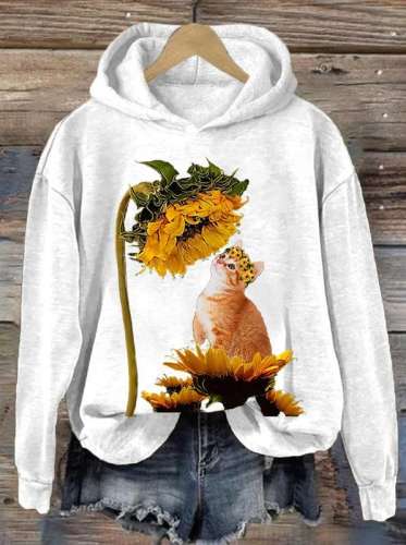 Sunflower And Cat Printed Women's Hoodie