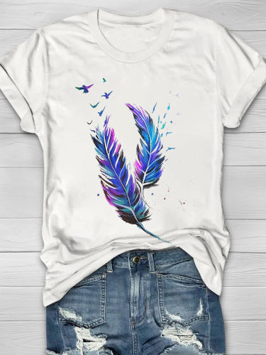 Trendy Feather Printed Women's Crew T-shirt