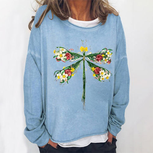 Floral Plant Dragonfly Print Loose Women's T-shirt