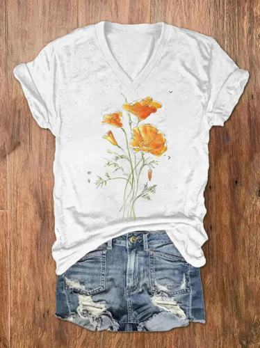Watercolor Flower Print V-neck Women's T-shirt