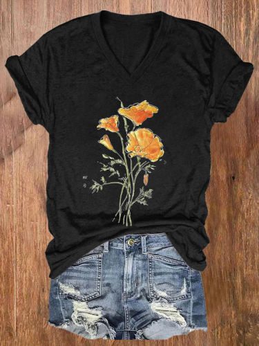 Watercolor Flower Print V-neck Women's T-shirt
