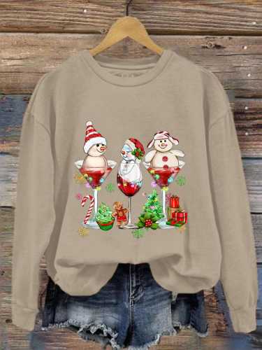 Women's Christmas Snowman Wine Glass Print Crew Neck Sweatshirt