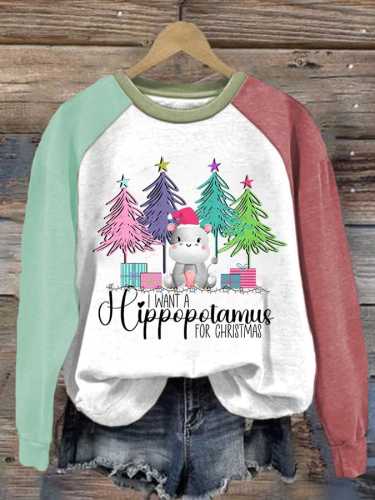 Women's Christmas I Want A Hippopotamus For Christma Casual Printed Sweatshirt
