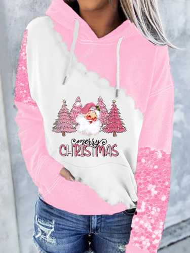 Women's Pink Christmas Tree Santa Claus Print Casual Hoodie