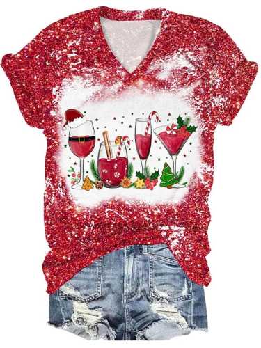 Women's Casual Christmas Wine Glass Print Short Sleeve T-Shirt