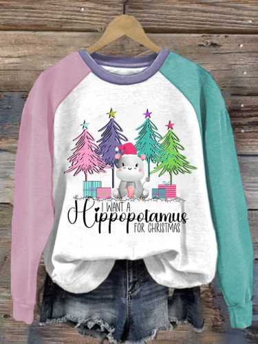 Women's Christmas I Want A Hippopotamus For Christma Casual Printed Sweatshirt
