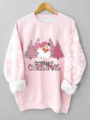 Women's Merry Christmas Pink Christmas Tree Santa Claus Print Casual Sweatshirt