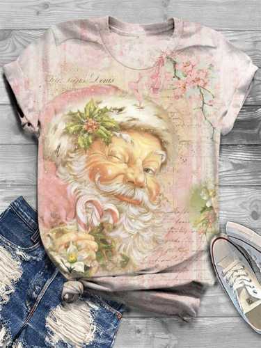Women's Pink Vintage Santa Claus Print Short Sleeve T-Shirt