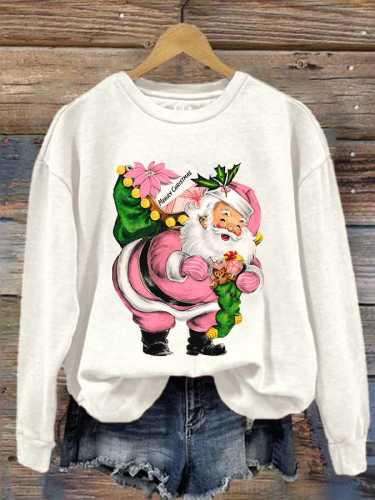 Women's Pink Santa Claus Print Crew Neck Sweatshirt