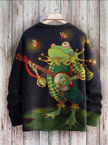 Halloween Cute Frog Play Music Art Pattern Print Casual Knit Pullover Sweatshirt