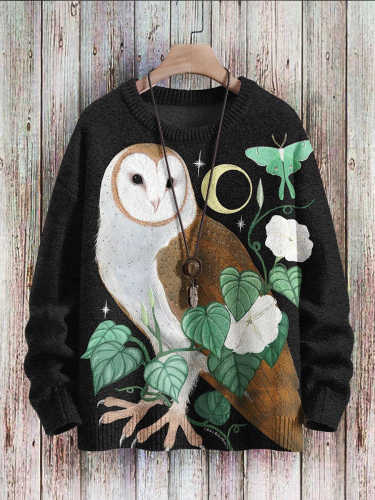 Vintage Owl Art  Print Pullover Knitted Sweater