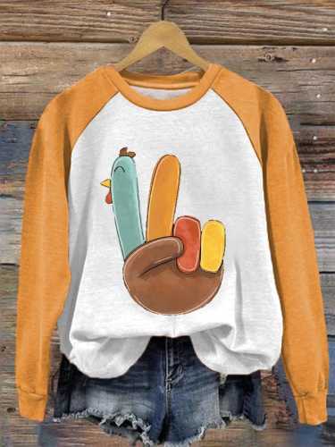 Women's Thanksgiving Hand Gesture Yay Cute Turkey Print Sweatshirt