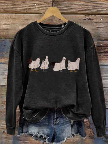 Women's Thanksgiving Halloween Ghost Chicken Art Print Casual Sweatshirt