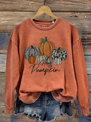 Women's Thanksgiving Vintage Hey Pumpkin Art Print Casual Sweatshirt