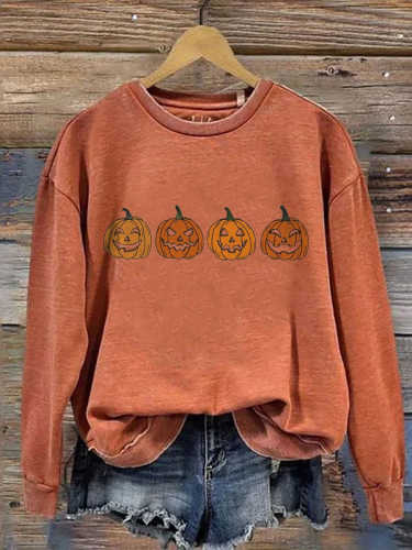 Women's Thanksgiving Halloween Cute Pumpkin Art Print Casual Sweatshirt