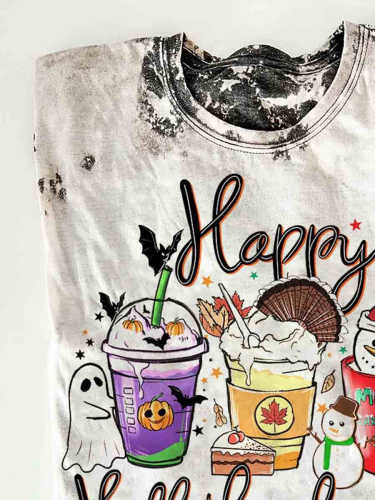 Vintage Happy Hallothanksmas Art Print Casual T-Shirt