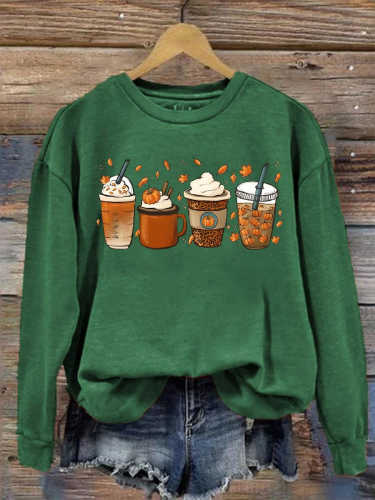 Women's Thanksgiving Autumn Pumpkin Coffee Art Print Casual Sweatshirt