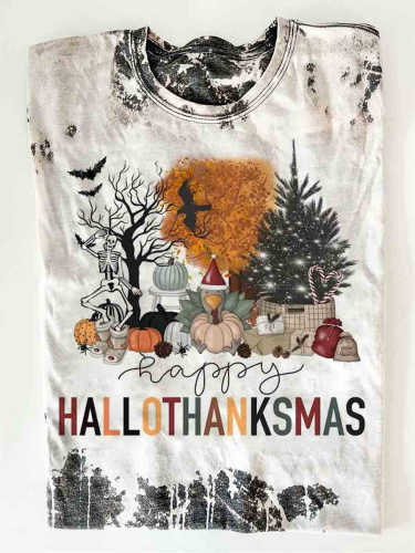 Vintage Happy Hallothanksmas Art Print Casual T-Shirt