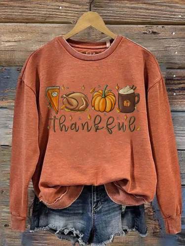 Women's Thanksgiving Halloween Cute Thankful Turkey Pumpkin Pie Coffee Art Print Casual Sweatshirt