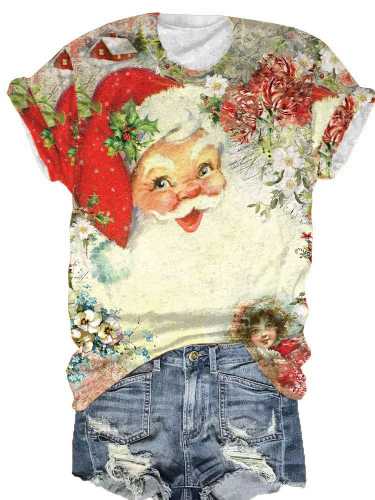 Women's Snowing Santa Claus Print T-Shirt