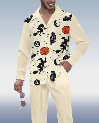Suitmens Men's Halloween Print Long Sleeve Shirt Walking Set 286
