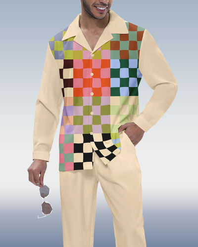 Suitmens Men's Khaki Checkered Print Long Sleeve Shirt Walking Set 257