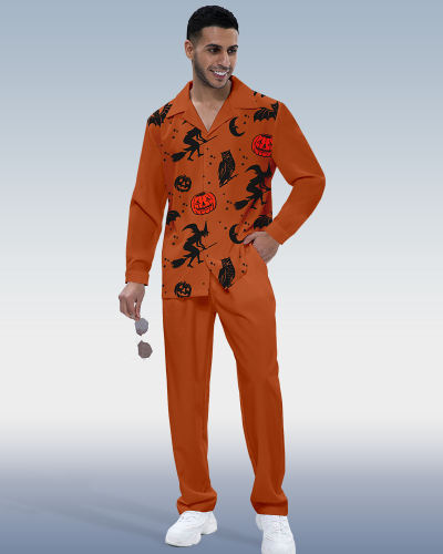 Suitmens Men's Halloween Print Long Sleeve Shirt Walking Set 283