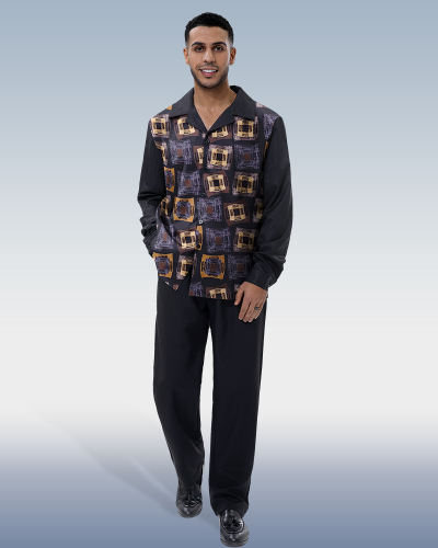 Suitmens Square-print casual long-sleeve Shirt walking suit 001