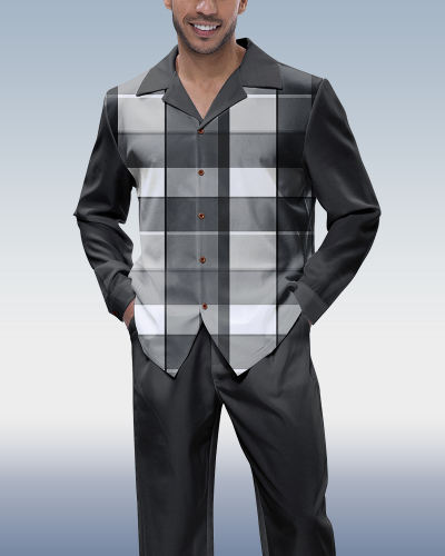 Suitmens Black Plaid Long Sleeve Shirt Walking Set