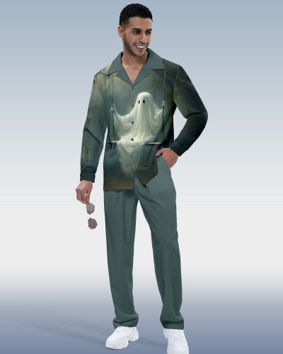 Suitmens Men's Halloween Ghost Print Long Sleeve Shirt Walking Set 290